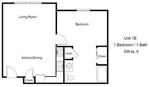 Floor plan for 1 bed, 1 bath, 538 sqft